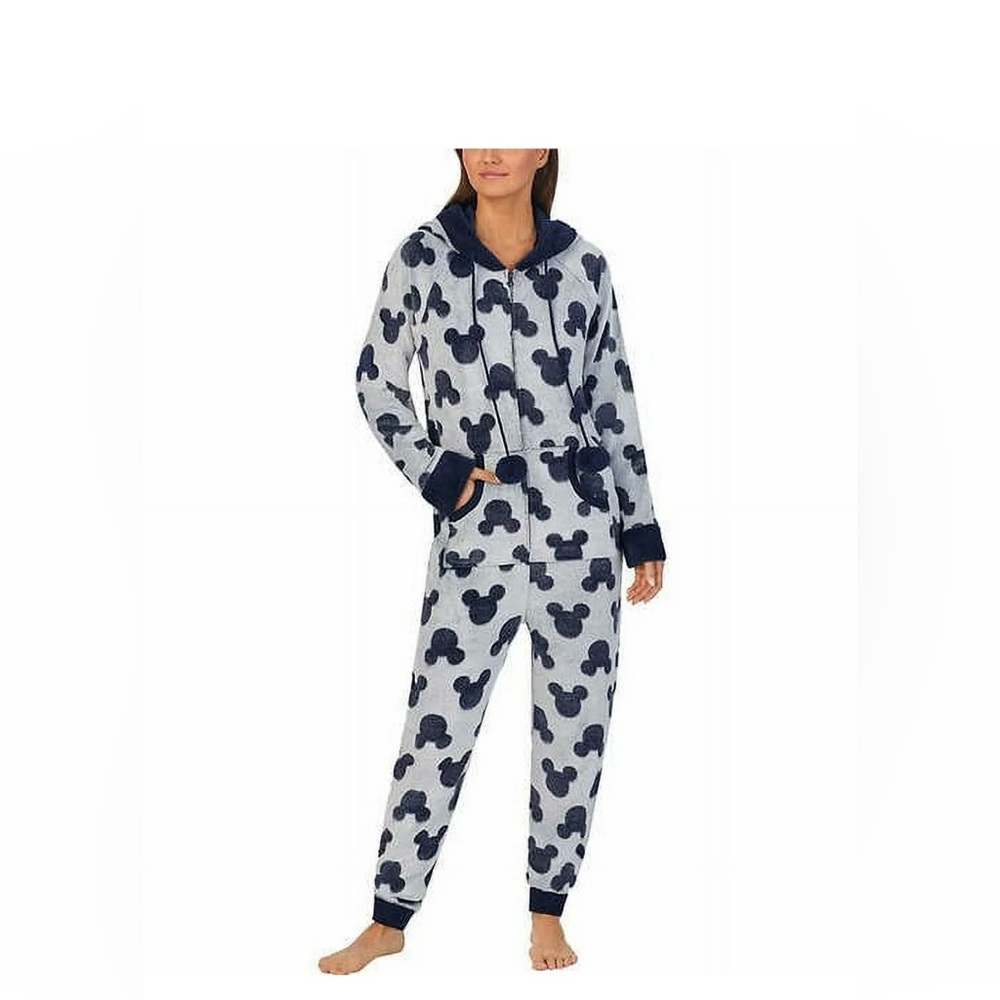 Disney Women’s Mickey Mouse Hooded One Piece Fleece Pajama in gray and blue